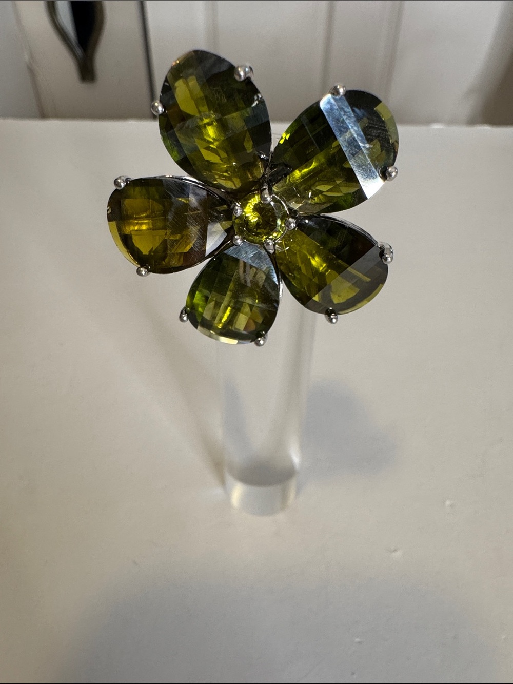 Olive Green Crystal Floral Statement Ring - Size 9